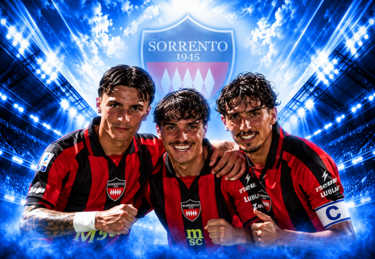 Tre calciatori del Sorrento festeggiano con la maglia rossonera davanti allo stemma ufficiale del club