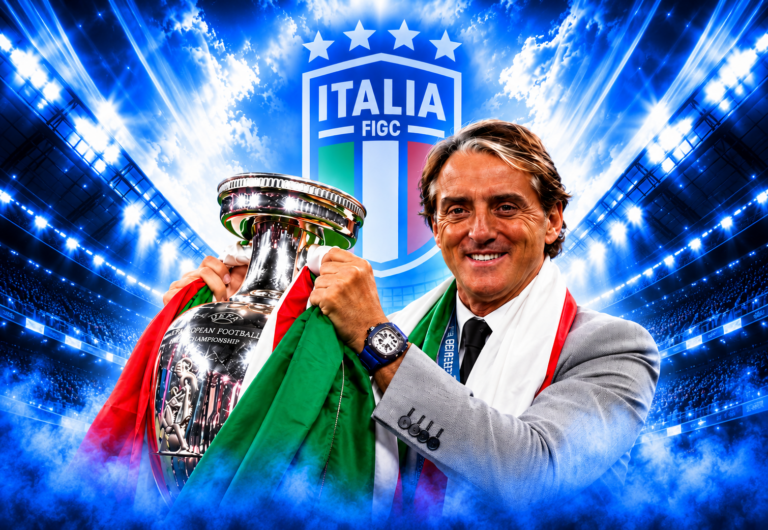Roberto Mancini sorridente con la Coppa degli Europei prima della partita Italia Belgio