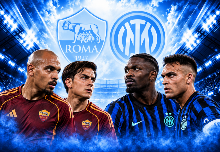 I calciatori della Roma Angelino e Paulo Dybala a confronto con gli interisti Marcus Thuram e Lautaro Martínez con i loghi dei due club
