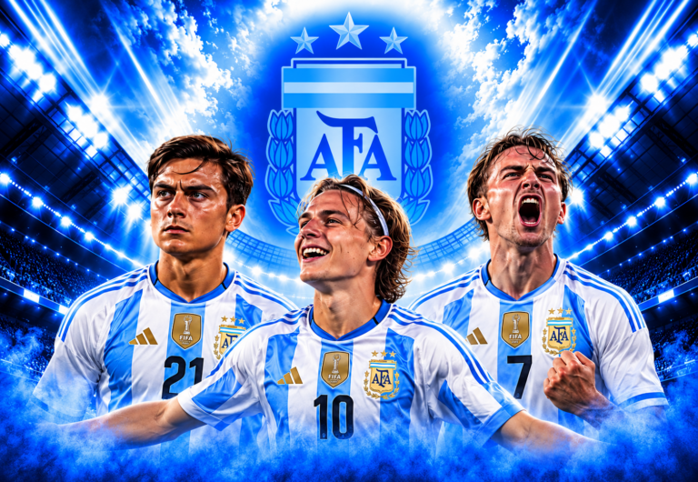 I calciatori dell'Argentina Dybala, Nico Paz e Rodrigo De Paul con la maglia albiceleste davanti allo stemma ufficiale della AFA