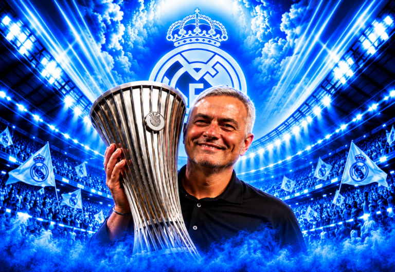 José Mourinho sorridente mentre alza un trofeo UEFA con lo stemma del Real Madrid e le luci dello stadio sullo sfondo