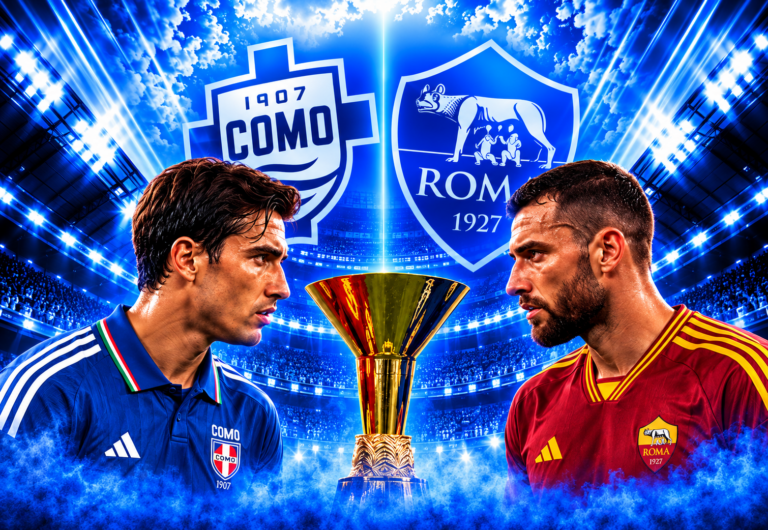 Un calciatore del Como in maglia azzurra e un calciatore della Roma in maglia giallorossa ai lati della coppa dello Scudetto con i rispettivi stemmi sullo sfondo