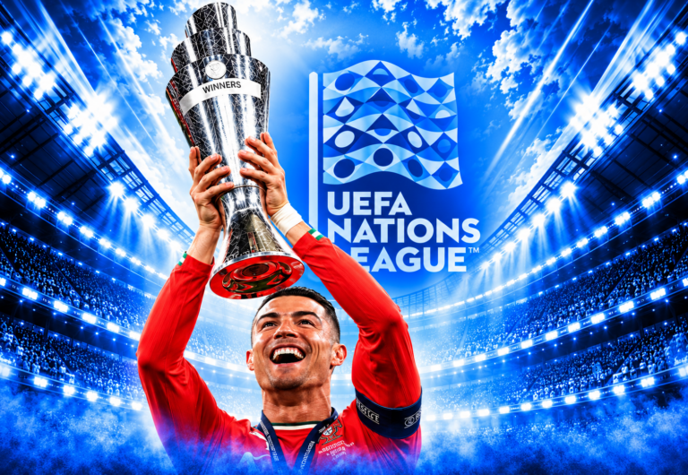 Cristiano Ronaldo sorridente con la maglia del Portogallo mentre alza al cielo il trofeo della UEFA Nations League davanti allo stemma ufficiale del torneo